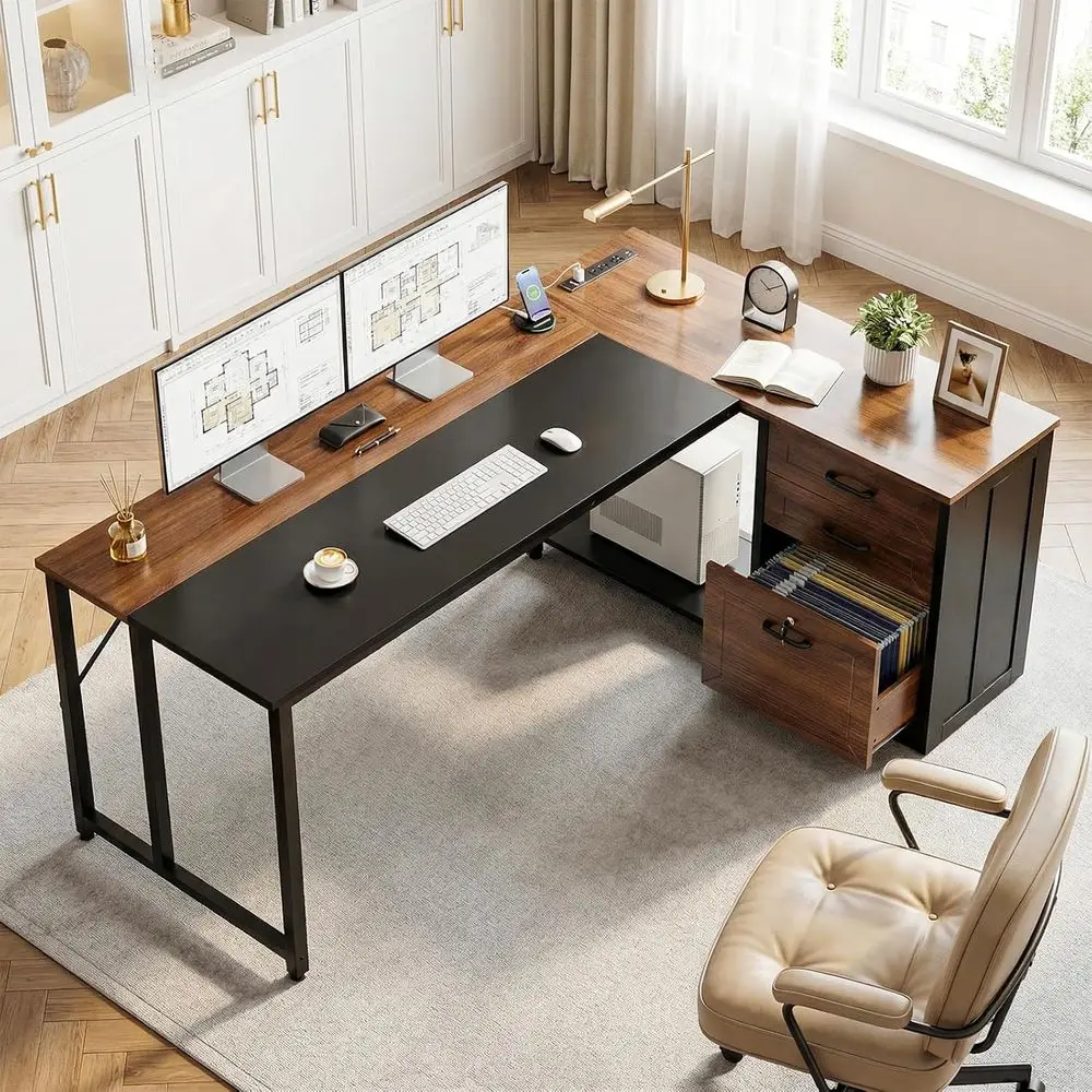 

Офисный стол Г-образной формы из орехового дерева с запираемым шкафом для документов и встроенными розетками, 61 л x 21,7 Г, подходит для дома или руководителя