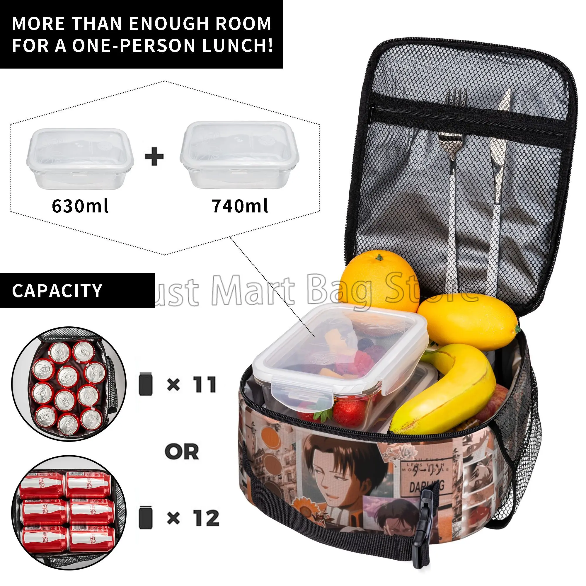 Levi ackerman isolierte Lunch-Tasche wieder verwendbare tragbare Lunchbox Kühler Thermal Bento Einkaufstaschen für Jungen Mädchen Schule Picknick Strand