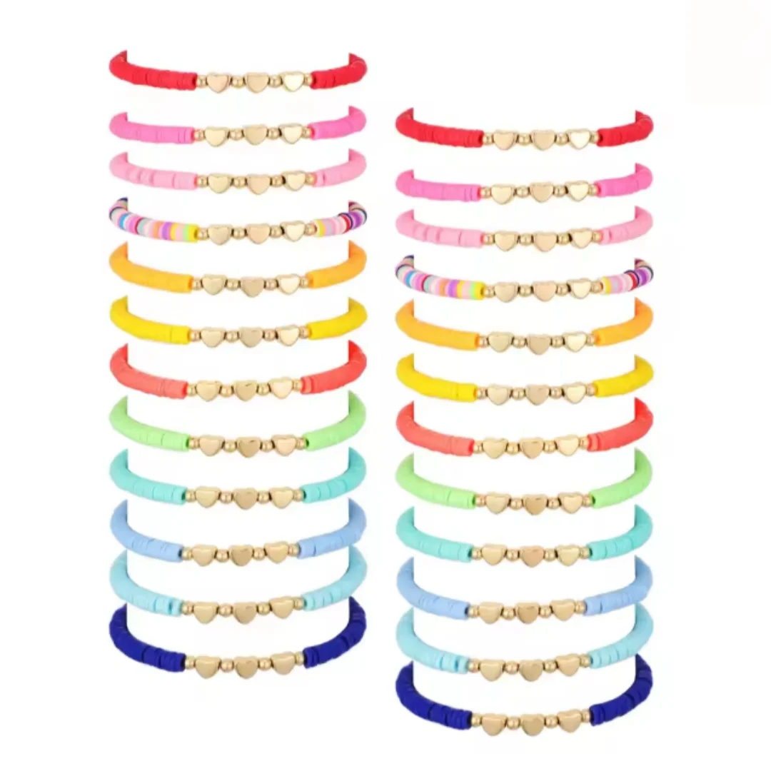 24 Pack Colorful Friendship Heart Bracelets in 10 Colors, Appreciation Gifts for Mom Teacher Stackable Elastic with Heart Beaded