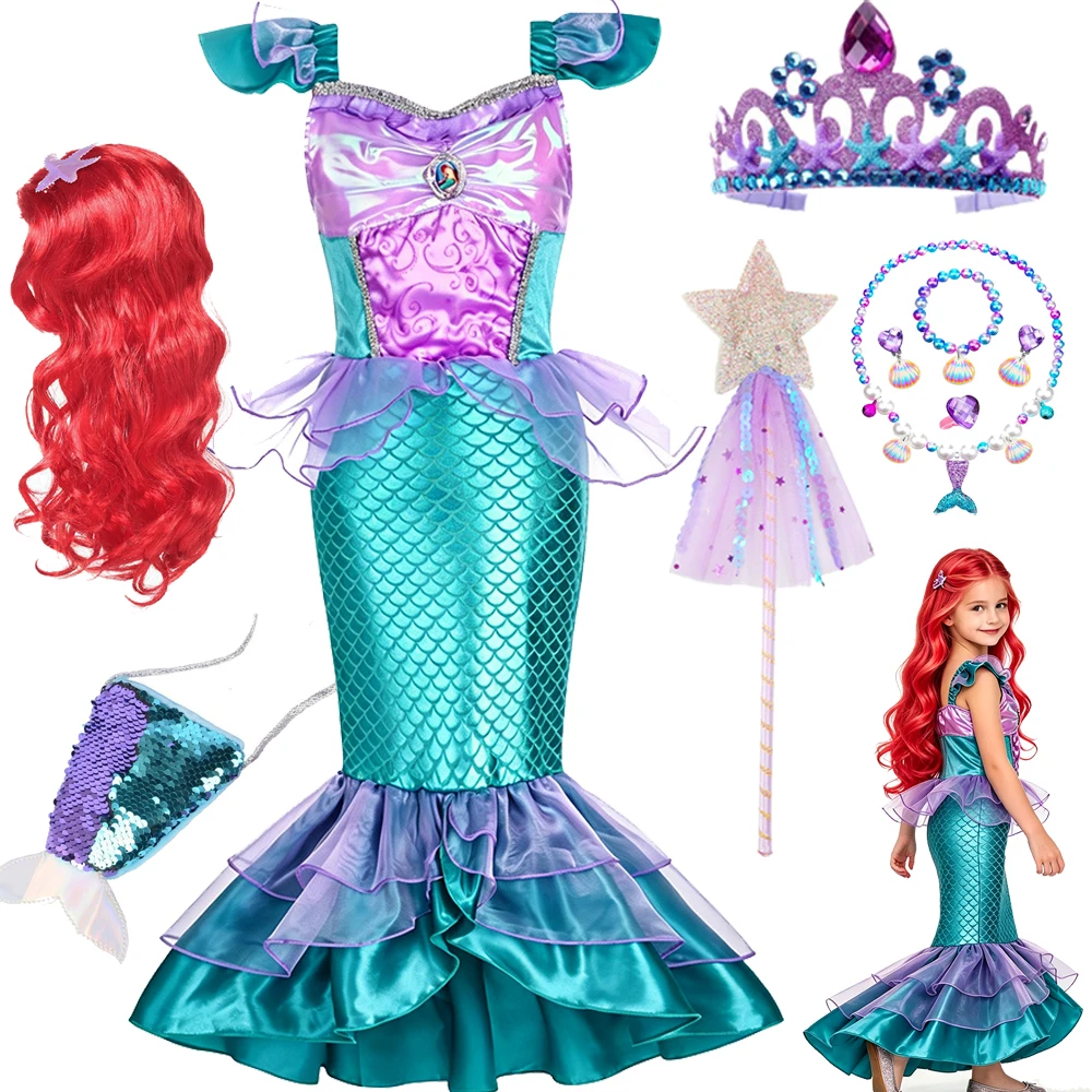 Lila Meerjungfrauen-Kostüm, ärmelloses langes Kleid mit Muschelkette und Krone für Mädchen, Halloween-Party, Cosplay, Sommer-Outfit – Detail 2