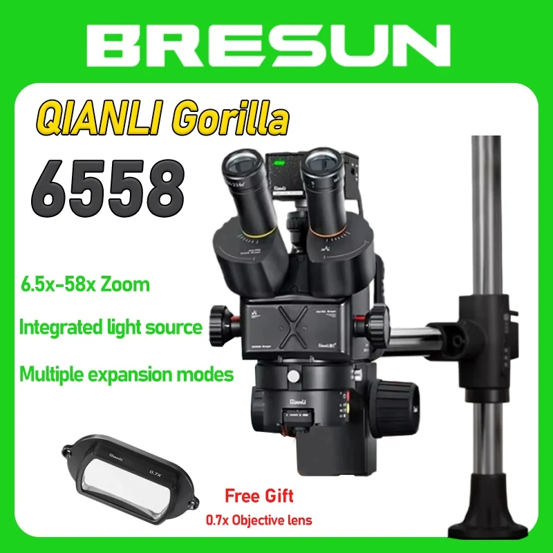 QIANLI 6558 YCS Swivel Arm Microscope, 6.5x-58mm Continuous Zoom