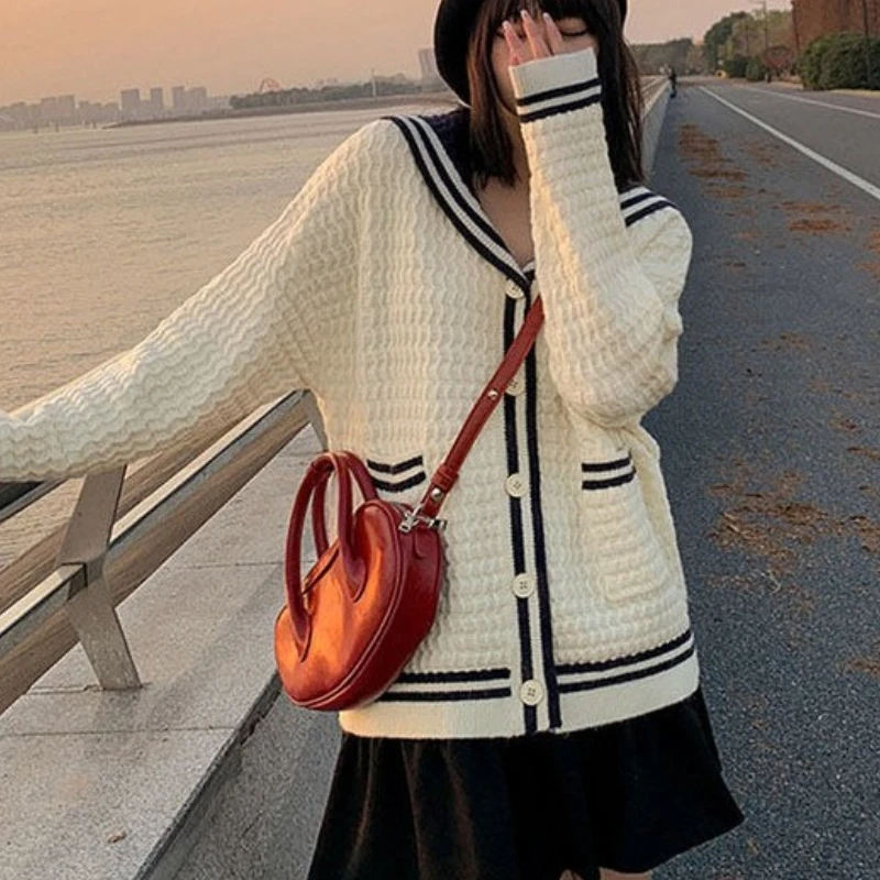 

Deeptown Preppy Style Knitted Cardigan Women Elegant Korean Style Sweet Sweaters Kawaii Sailor Collar Autumn Winter Cardigans