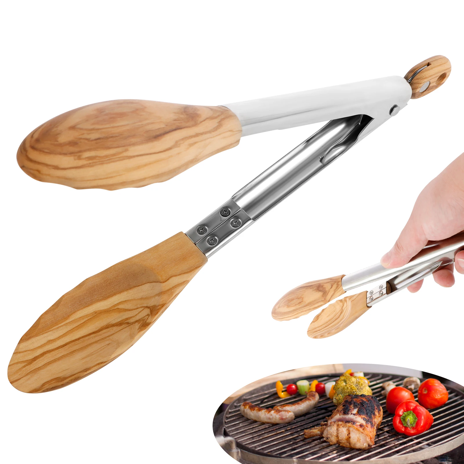11 inch Food Tongs Wood Cooking Tongs with Wood Tips and Stainless Steel Handle Locking Wood Tong for Cooking Serving Grilling