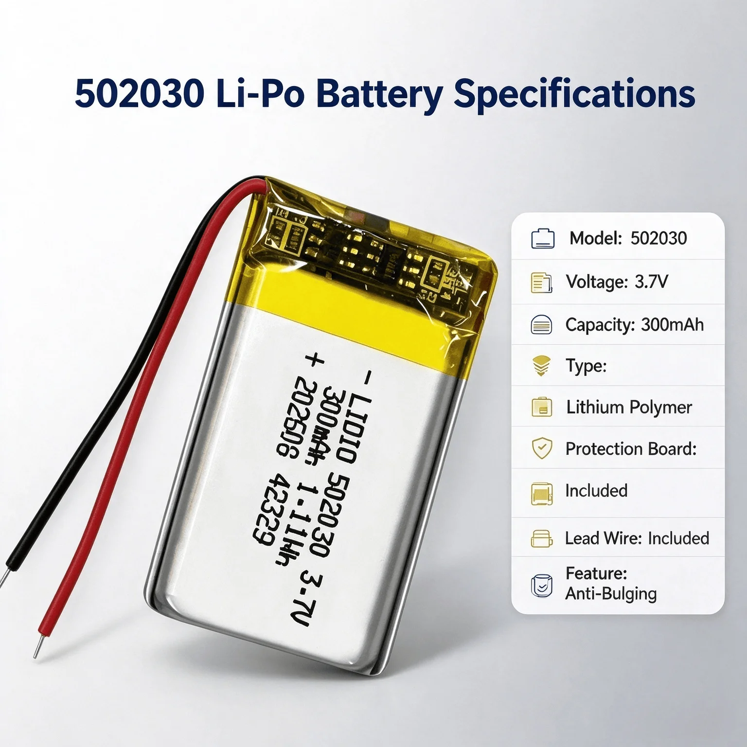 502030 3.7V 300mAh Li-Po Rechargeable Battery With Protection Board Lead Wire Anti-Bulging For Bluetooth Headset Camera GPS MP3
