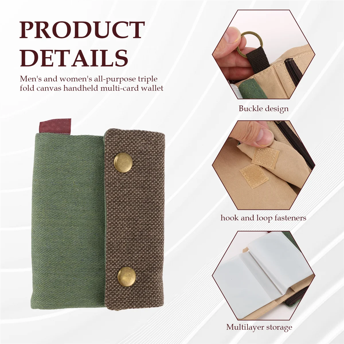 ELBA_Unisex حقيبة محفظة قماش يدوية مطوية بثلاث طبقات (أخضر)