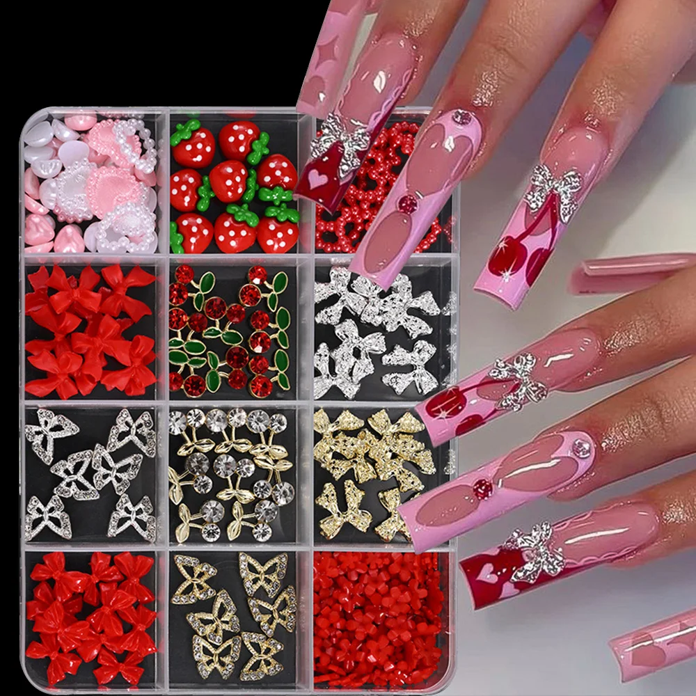12 Grids Box 3D Bow Cherry Nail Rhinestones and Butterfly Nail Metal Charms Shiny Diamond Manicure Decorations Nail Art Supplies