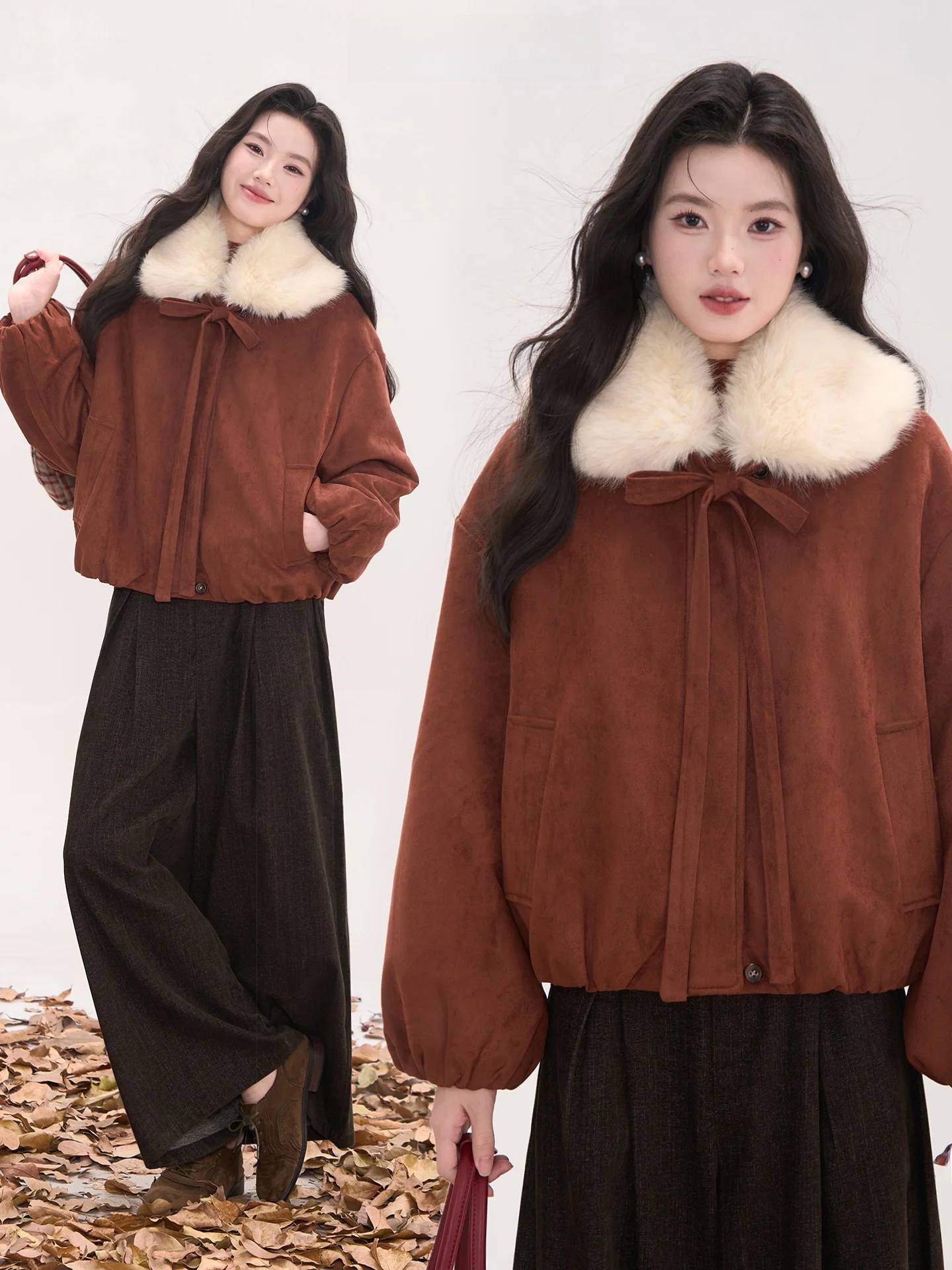 

Heme Suede Jaet Women's Fluffy Turn-down Collar Red Plu Outerwear Spring Sweet Sle Loose Fit Polyester Fiber Coat