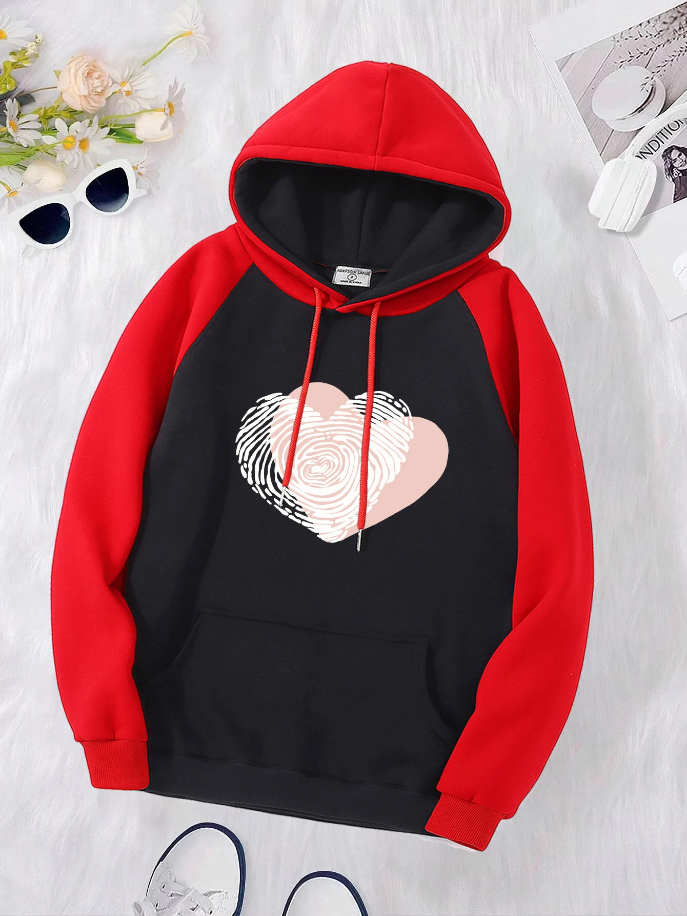 Pink Fingerprint Love Pattern Women Raglan Hoody Pocket Multicolor Hoodie Hip Hop Fashion Clothes Fleece Y2K Woman Streetwear
