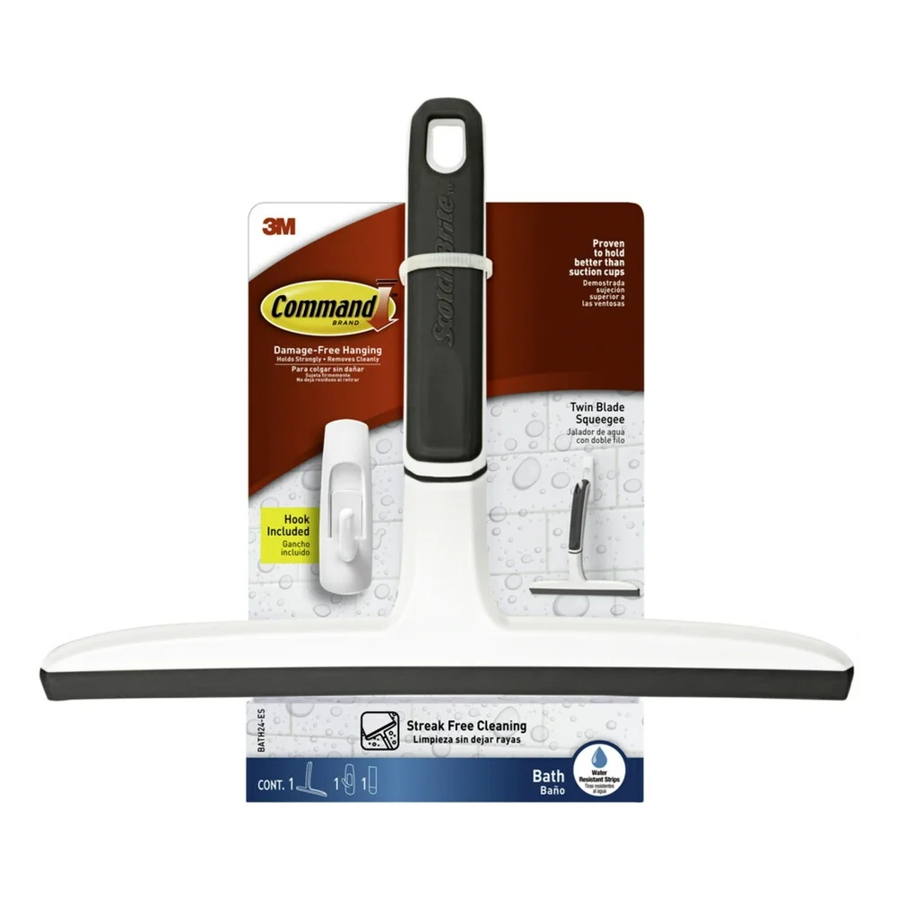Twin Blade Squeegee with Bath Wall Hook Damage Free Adhesive Streak Free Cleaning 9 Inch Height Easy Installation Bathroom