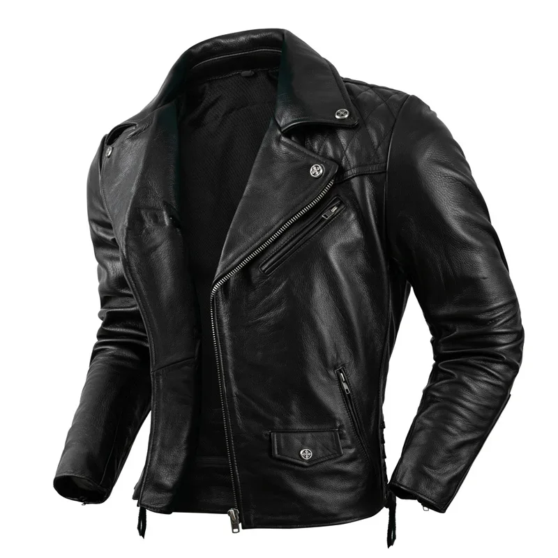 High Quality Coat Size S-5XL Men Motorcycle Jacket Natural Cowhide Oblique Zipper Protectors Genuine Leather Clothes