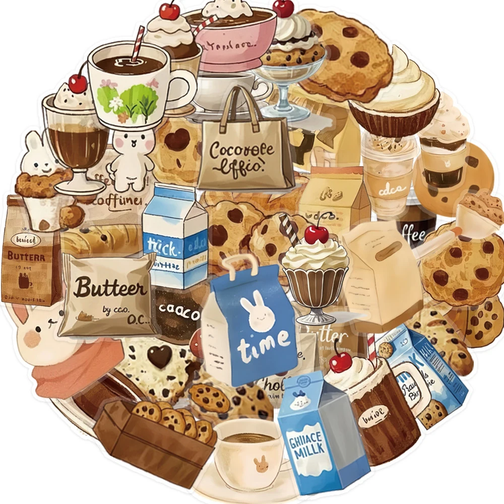 

10/30/50pcs Transparent INS Style Coffee Time Stickers Cute Milk Cookie Decal for Suitcase Phone Guitar Cartoon Sticker Toy Gift