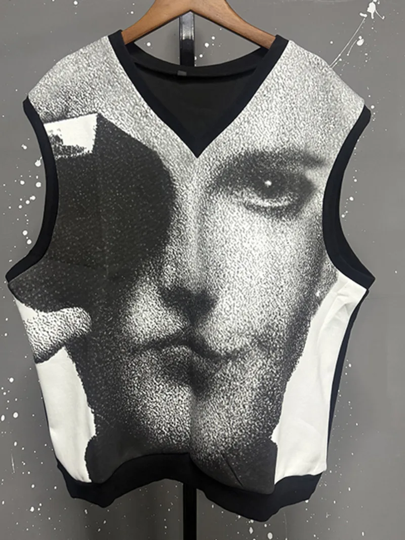 New Fashion Men's Wear Two-piece Set Face Printing Trendy V-neck Sleeveless Vest Wide Leg Front Pleated Line Design 9CXFBZ