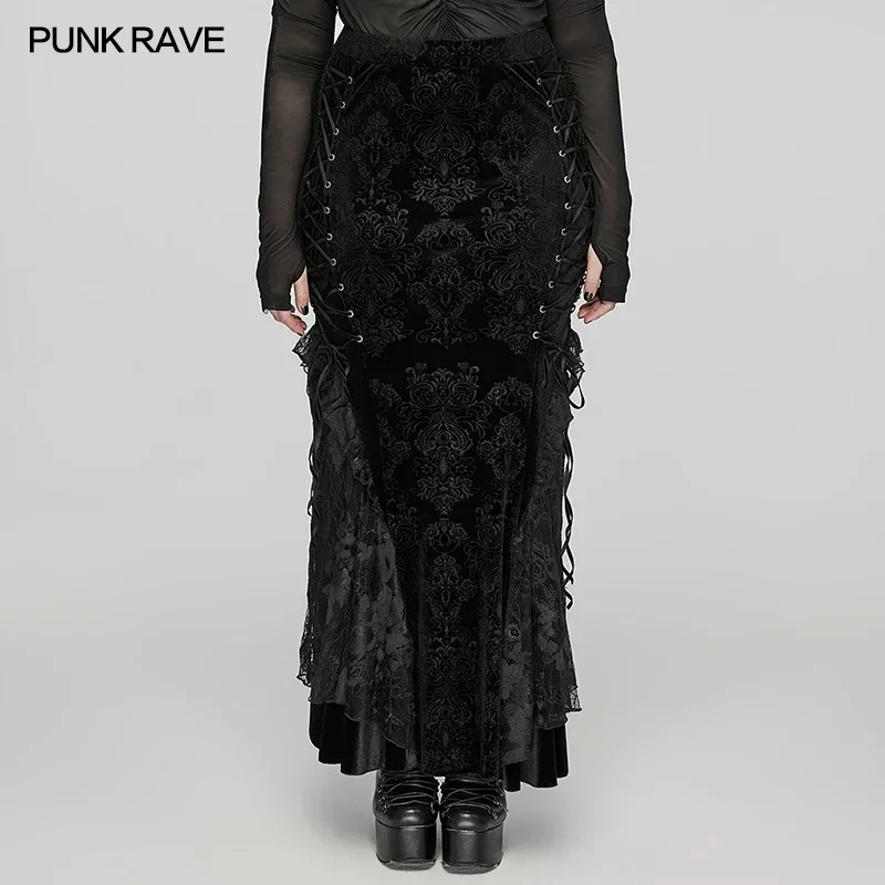 PUNK RAVE Women's Gothic Gorgeous Embossed Velvet Fish Tail Skirt Plum Blossom Eyelets Drawstring Mysterious Party Long Skirts