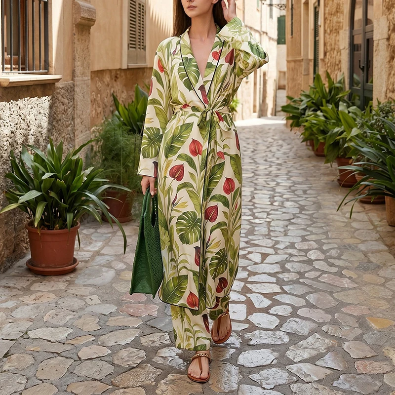 Bohemian Style Pattern Printed Outfits Summer Long Sleeve Loose Cardigans&Pants Sets Casual Women's Beach Vacation Two Piece Set
