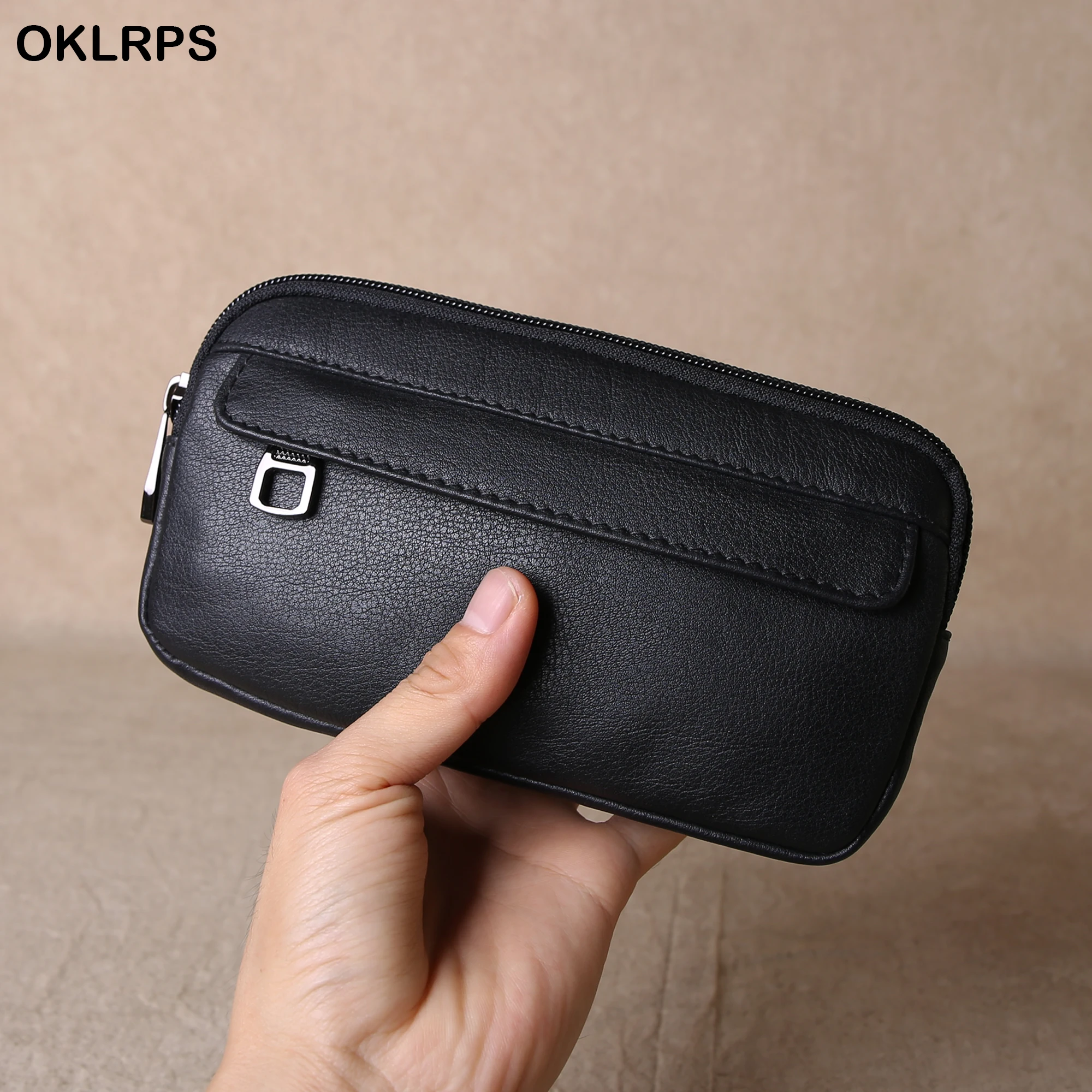

Double-Layered Classic Genuine Leather Mobile Phone Waist Bag, Top Layer Cowhide Clutch, Long Wallet, Large-Capacity Card Case