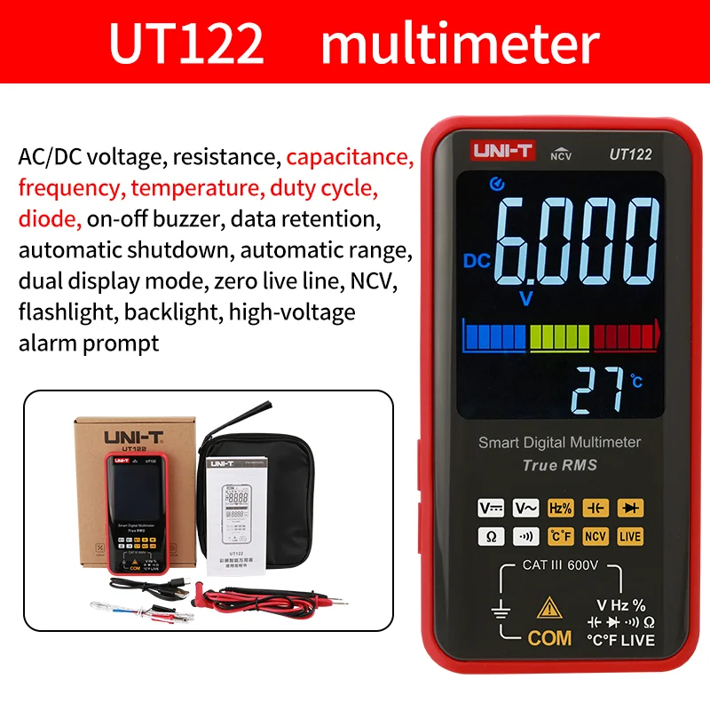 Multímetro Digital inteligente UNI-T UT121 UT122, voltímetro de frecuencia de capacitancia de resistencia de voltaje CA CC, multímetro profesional