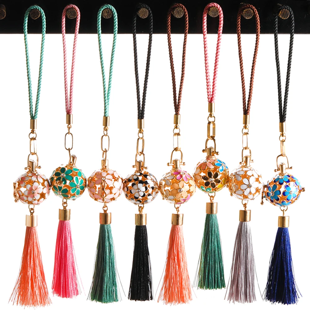 Mexico Chime Painted Flower Tassel Woven Pendant Essential Oil Perfume Diffuser Car Decoration Aromatherapy Lockets Jewelry Gift