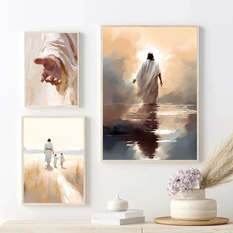 Watercolor Jesus and Sheep Walk Beside Me Landscape Religious Poster Canvas Painting Wall Art Pictures for Church Home Decor