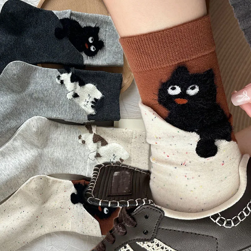 

1/4 пары флокированных носков средней длины с кошачьим принтом, бархатные чулки с изображением животных для женщин, осенне-зимние теплые флокированные носки с котом