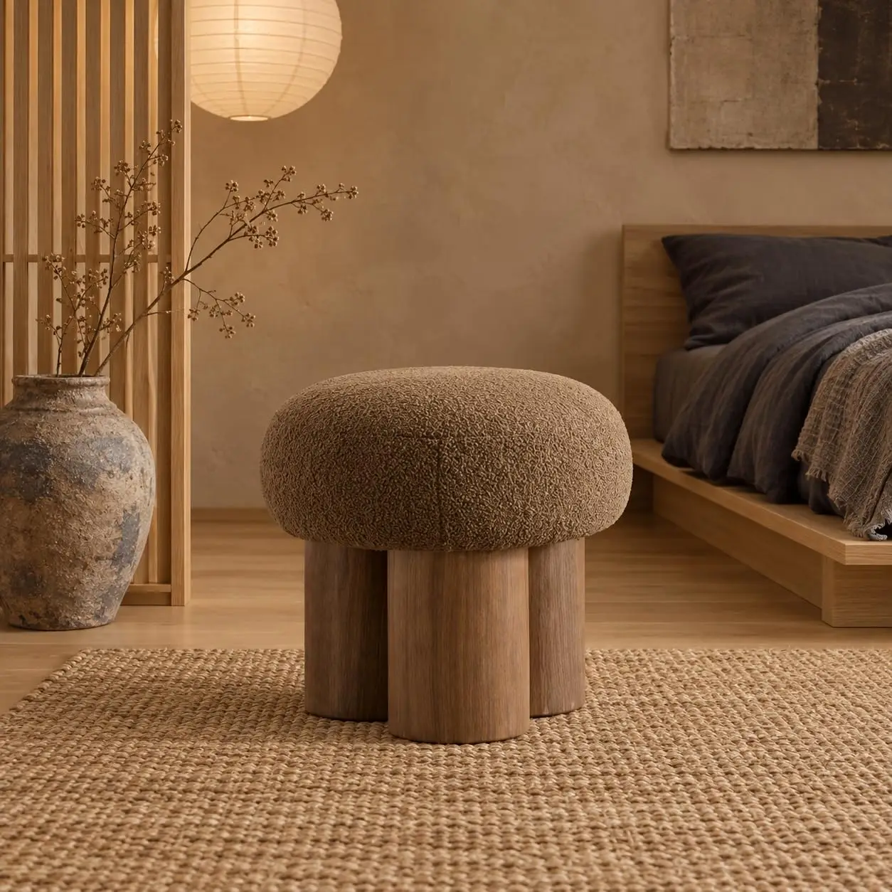 Teddy Fabric Mushroom Ottoman Stool with 3 Legs, Small Round Foot Rest for Living Room & Bedroom, 16.54'', Customized view 5