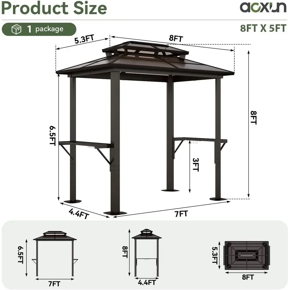 Grill Gazebo 8 x 5T, BBQ Gazebo with Double Polyte Top, Grill Hardtop with Shelves or Lawn, Patio, Garden