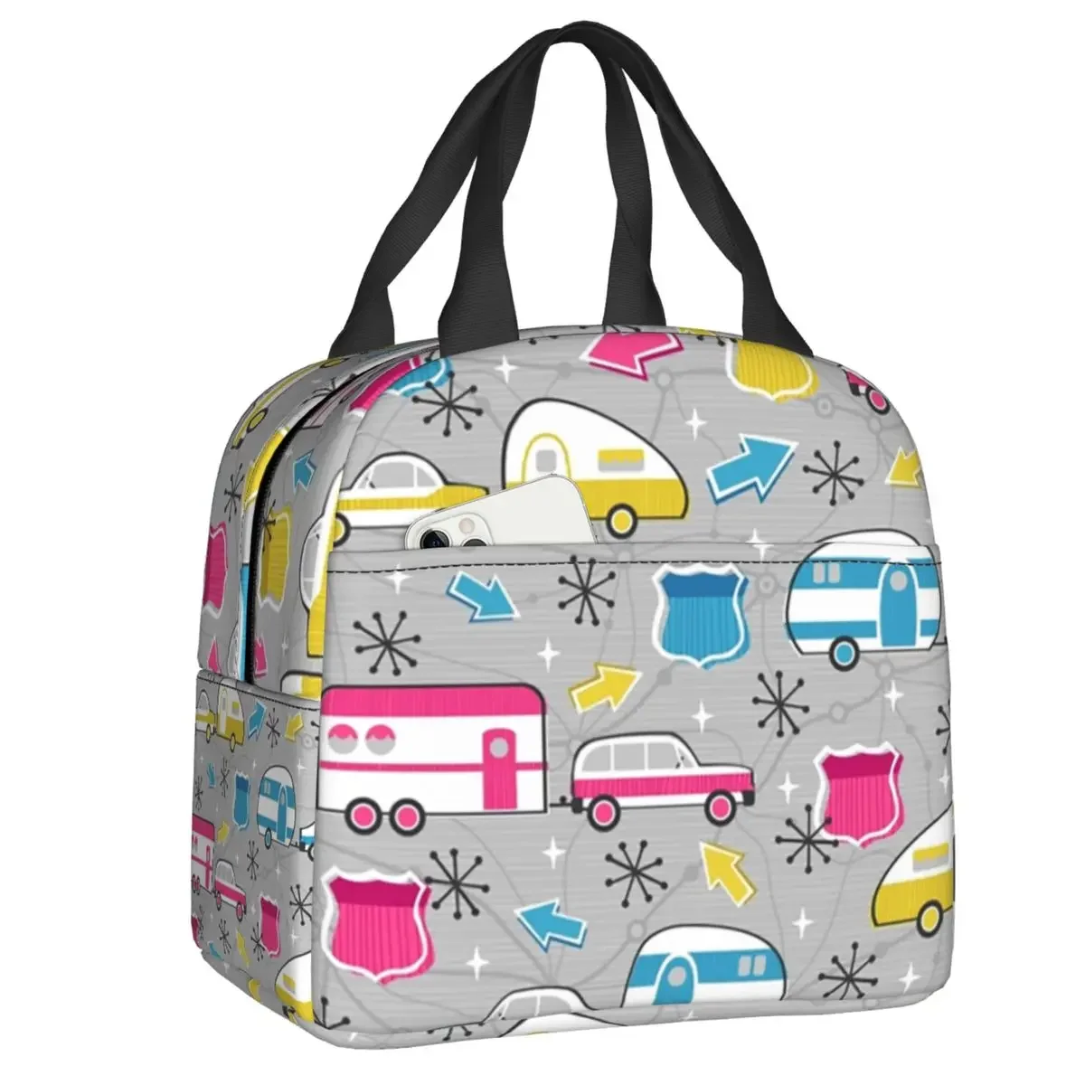 Bright Daisy Dot Vintage Caravan Pattern Thermal Insulated Lunch Bag Women Happy Camper Resuable Lunch Container Food Box