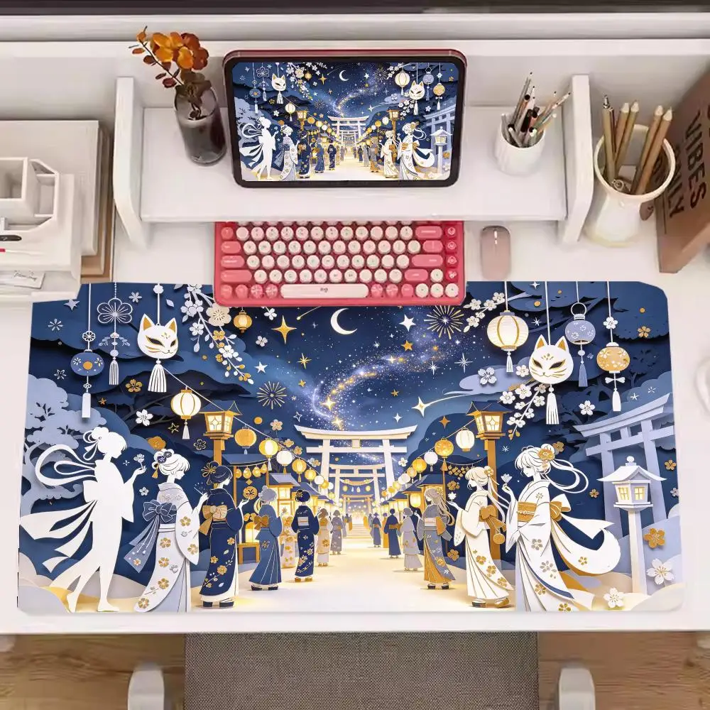 White Fox Festival Moonlit Torii Table Mat Thick Rubber Base Smooth Surface For Home Study Desk Decor