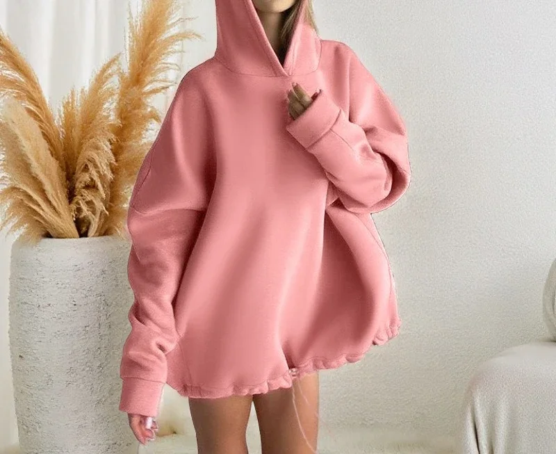 

Casual Versatile Daily Jacket for Women Solid Color Loose Drawstring Autumn and Winter Long Sleeved Hoodie