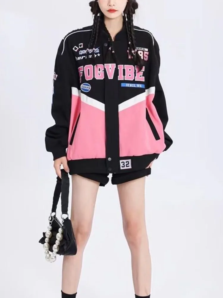 Printed Harajuku Goth Pink Coat Women Y2k Fashion Spring Autumn Jacket Women Punk Jacket Locomotive Racer Jackets For Women
