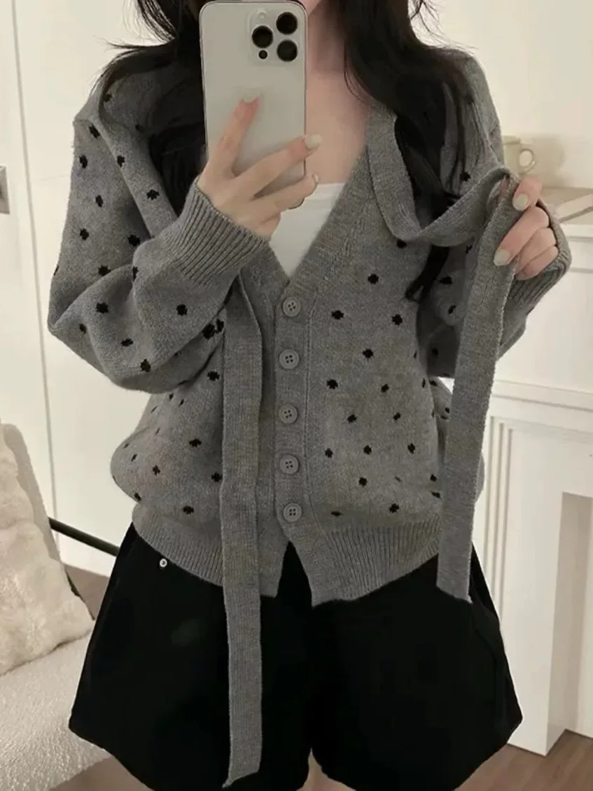 Gray Polka Dot Bow Tie Knitted Open Cardigan Women's Autumn Winter New Design Sensation Sweater Jacket Top College Style Regu...