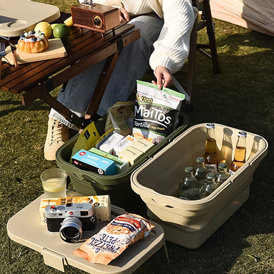 Outdoor picnic basket with lid, table board, camping and picnic multifunctional portable basket box, plastic storage basket, fol