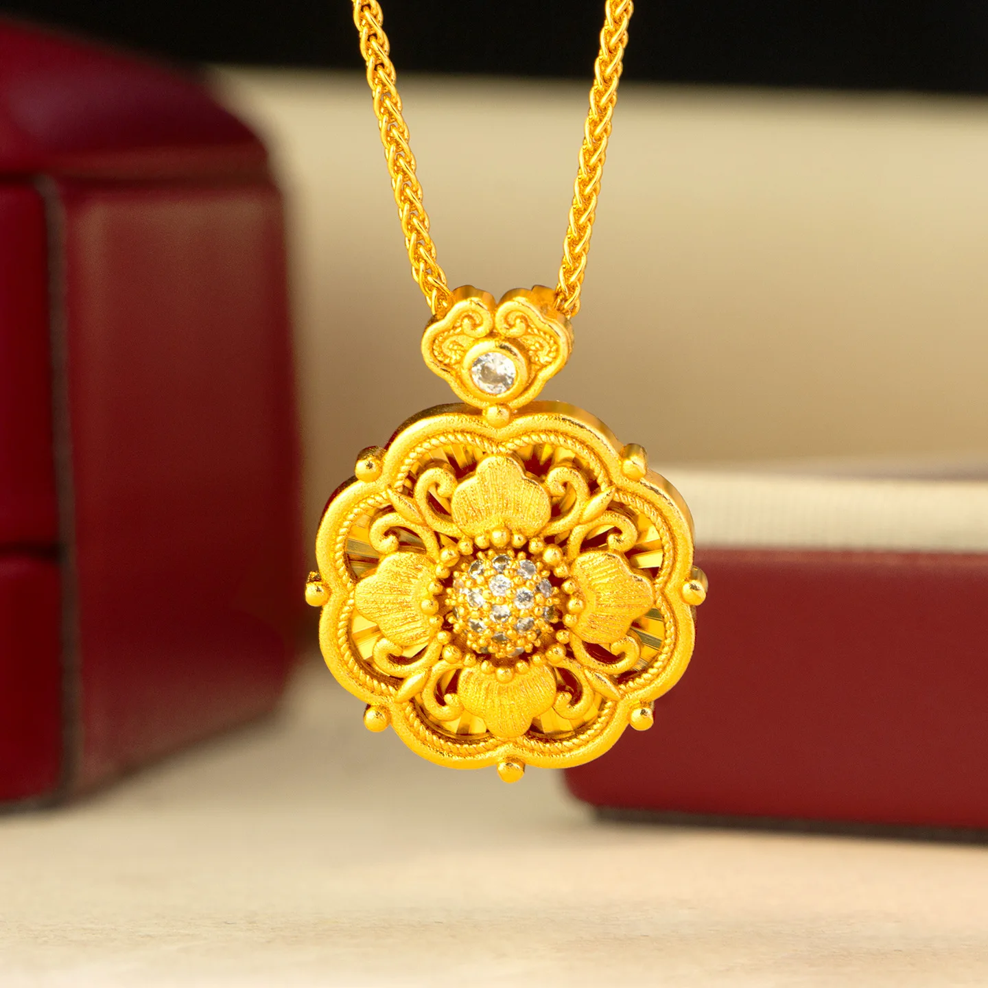 

Luxury 24K 9999 Pure Gold real gold Women's Flower Pendant Clavicle Chain