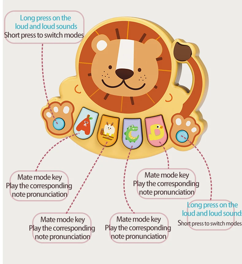 Animal dos desenhos animados Lion Shape Music Box, Instrumento do bebê, Kid, Piano, Jogo de teclado, Eletrônico, Brinquedo Multifuncional, Brinquedos Educativos, Presente