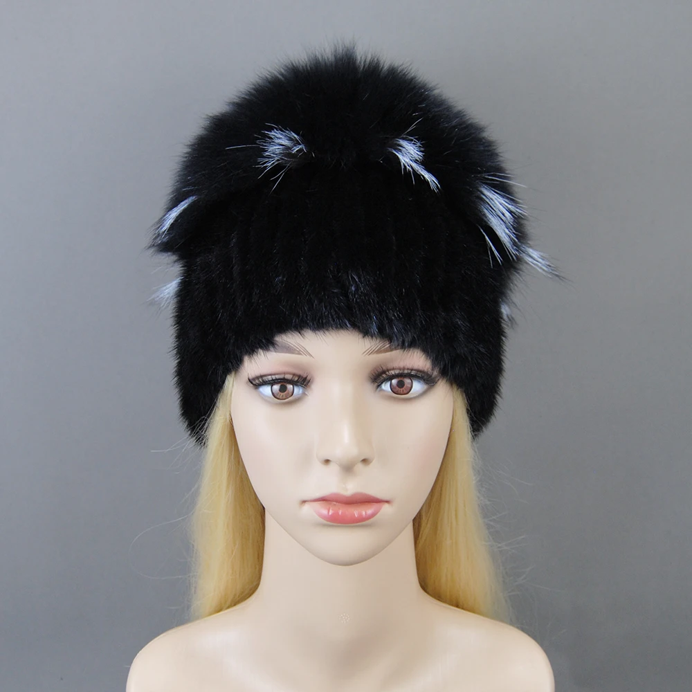 Fashion Real Mink Fur Hat For Winter Women Imported Knitted Mink Cap With Fox Fur New Hot Sale High Quality Women Beanies Hat