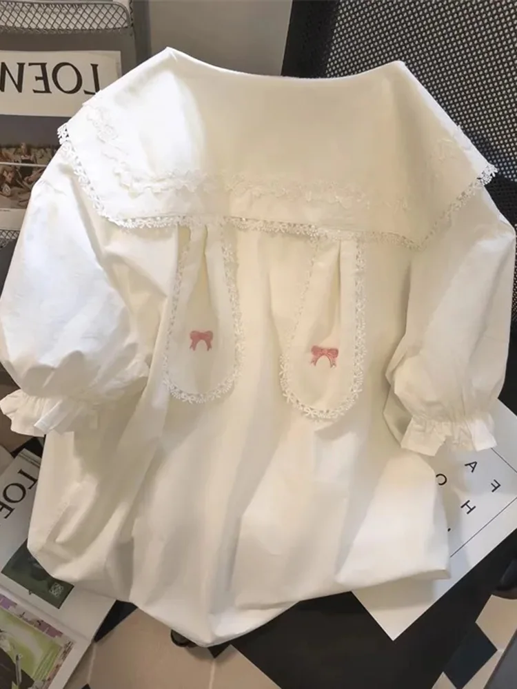 

Zoki Cute Rabbit Ears White Shirt Women Casual Loose Short Sleeve Kawaii Blouse Vintage Peter Pan Collar Sweet Lady Japan Tops