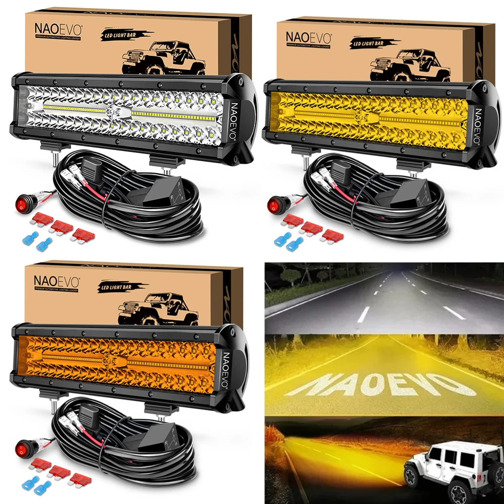 

12-дюймовый автомобильный светодиодный светильник, белый рабочий свет, светодиодная панель, внедорожные 4x4, прожекторы янтарно-желтого цвета, противотуманная фара для грузовика, трактора, комплект жгутов проводов