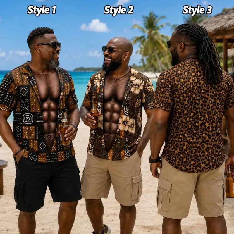 Men's 3D Simulated Abs Printed Short Sleeved T-shirt, African Ethnic Style Hawaiian Flower Creative Top, Party T-shirt