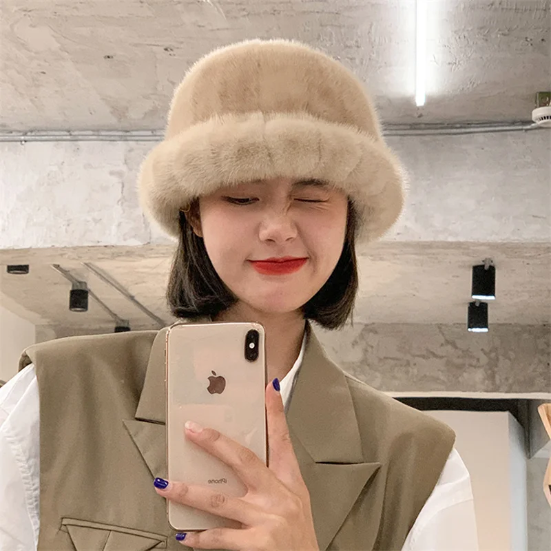 New Women's Winter Russian Luxury Natural Mink Hair Flower Pot Hat Large Elastic Warm Hat Real Fur Soft Thickened Warm Hat 2023