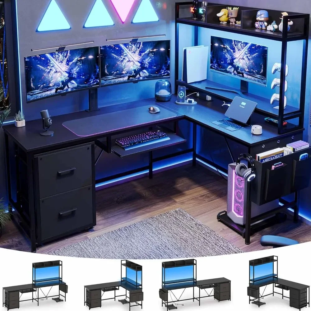 Gaming Desk Reversible Corner Computer Desk with Power Outlet & Led Strip Home Office Desks Drawer File Cabinet Keyboard Tray