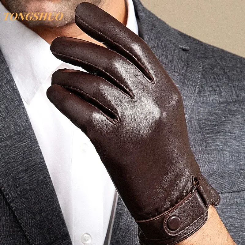 Guantes de cuero de oveja para hombre, Manoplas de alta calidad para mantener el calor, pantalla táctil, a prueba de viento, para conducir, moto, ciclismo, negocios, Invierno