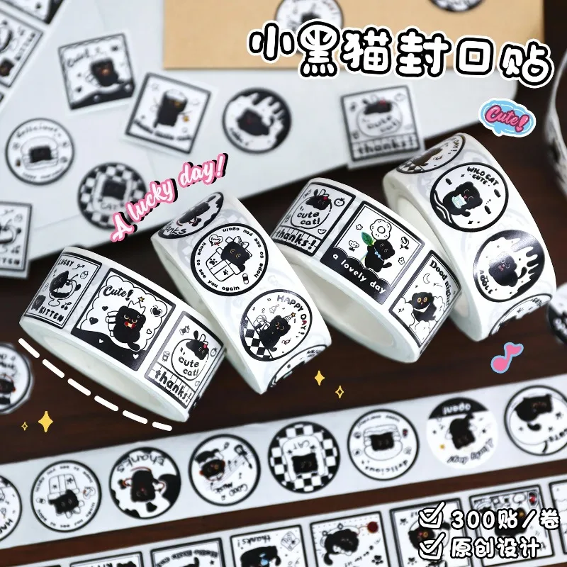 300Pcs/roll Kawaii Cartoon Black Cat Sticker Bubble Mailer Sealing Stickers Deco Labels Fun Cute Stationery DIY Decals for Kids