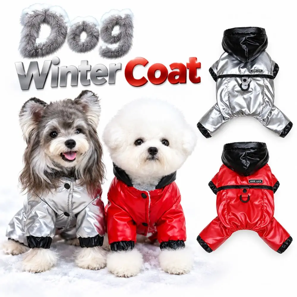 Glossy Finish Dog Winter Coat Padded Lining Leash Hole Warm Dog Jacket Hooded Zipper Closure Four-Legged Dog Costume