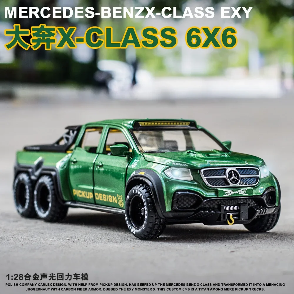 1:28 Mercedes-Benz X-Class Exy 6X6 off-road car Diecast Metal Alloy Model car Sound Light Pull Back Collection Kids Toy Gift A91