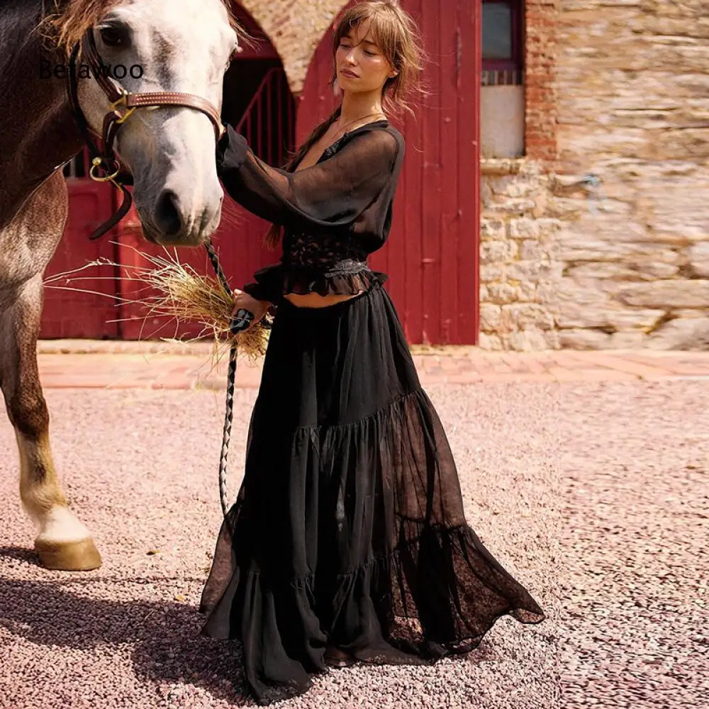 

Sheer Long Sleeve Lace Top and Tiered Maxi Skirt Set