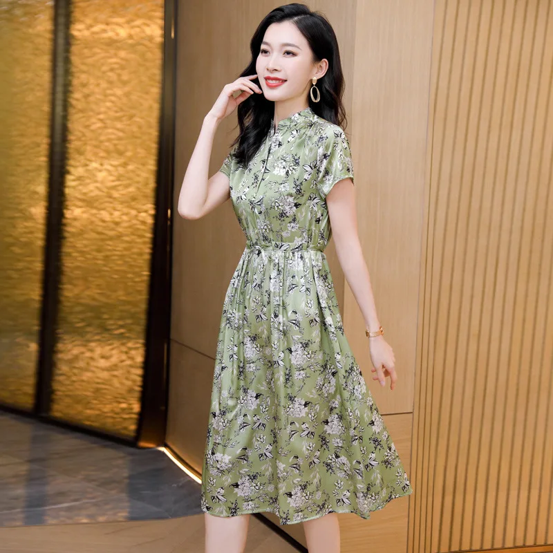 여성 패션 드레스 기품 있는 핏 92% 천연 뽕나무 실크 신축성 있는 새틴 우아한 스탠드업 칼라 반소매 드레스