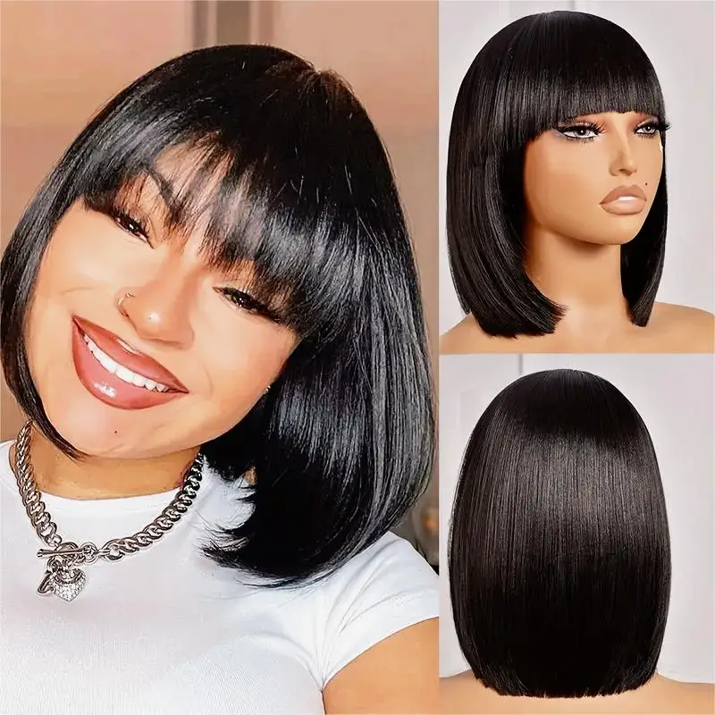 Highlight Straight Bob Wig for Woman Daily Party Cosplay Wig Synthetic Black and Blonde Hair Wigs with Bangs Heat Resistant Hair