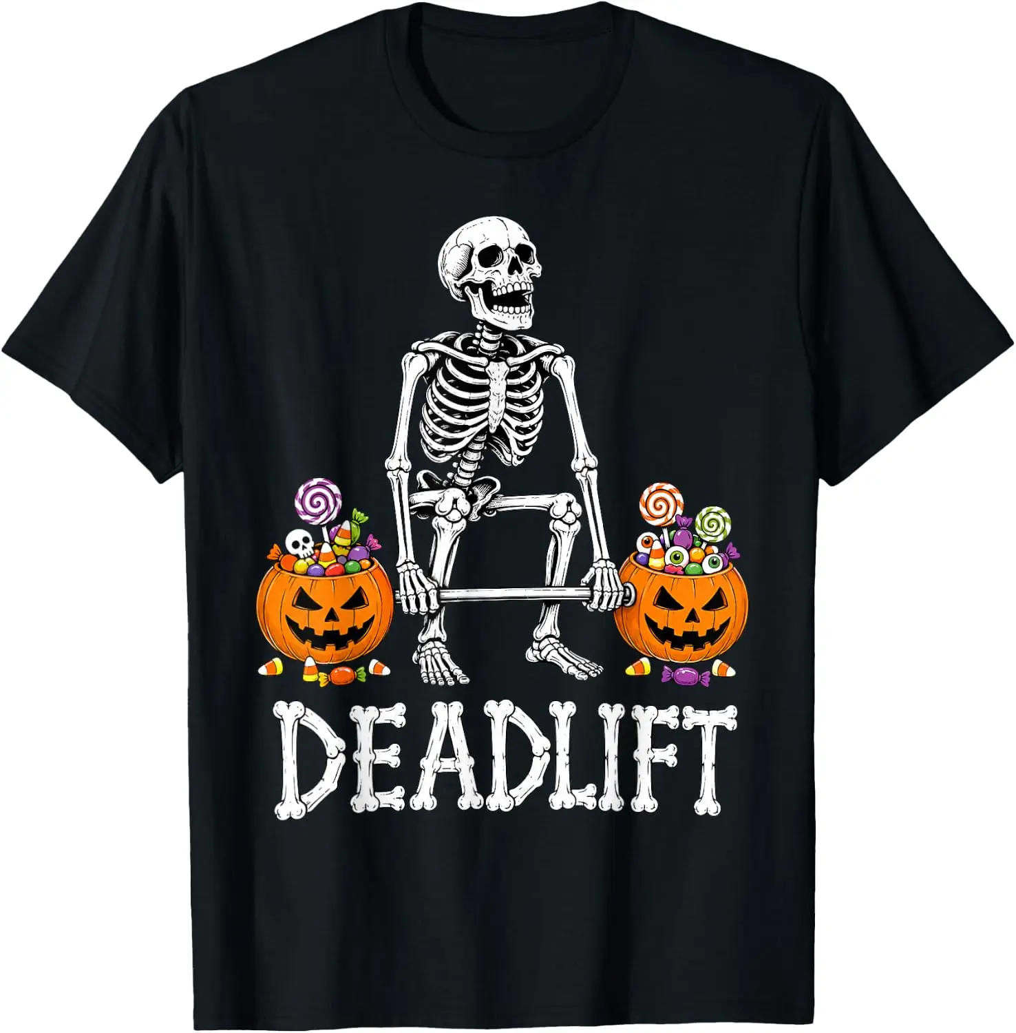 Funny Halloween Deadlift Skeleton Weight Lifting Workout T-Shirt Unisex Vintage Graphic Print T‑Shirt Retro Aesthetic Crew Neck Short Sleeve Soft Cotton Tee Casual Streetwear Tops Men.Unisex Holiday Festive Graphic Tee Party