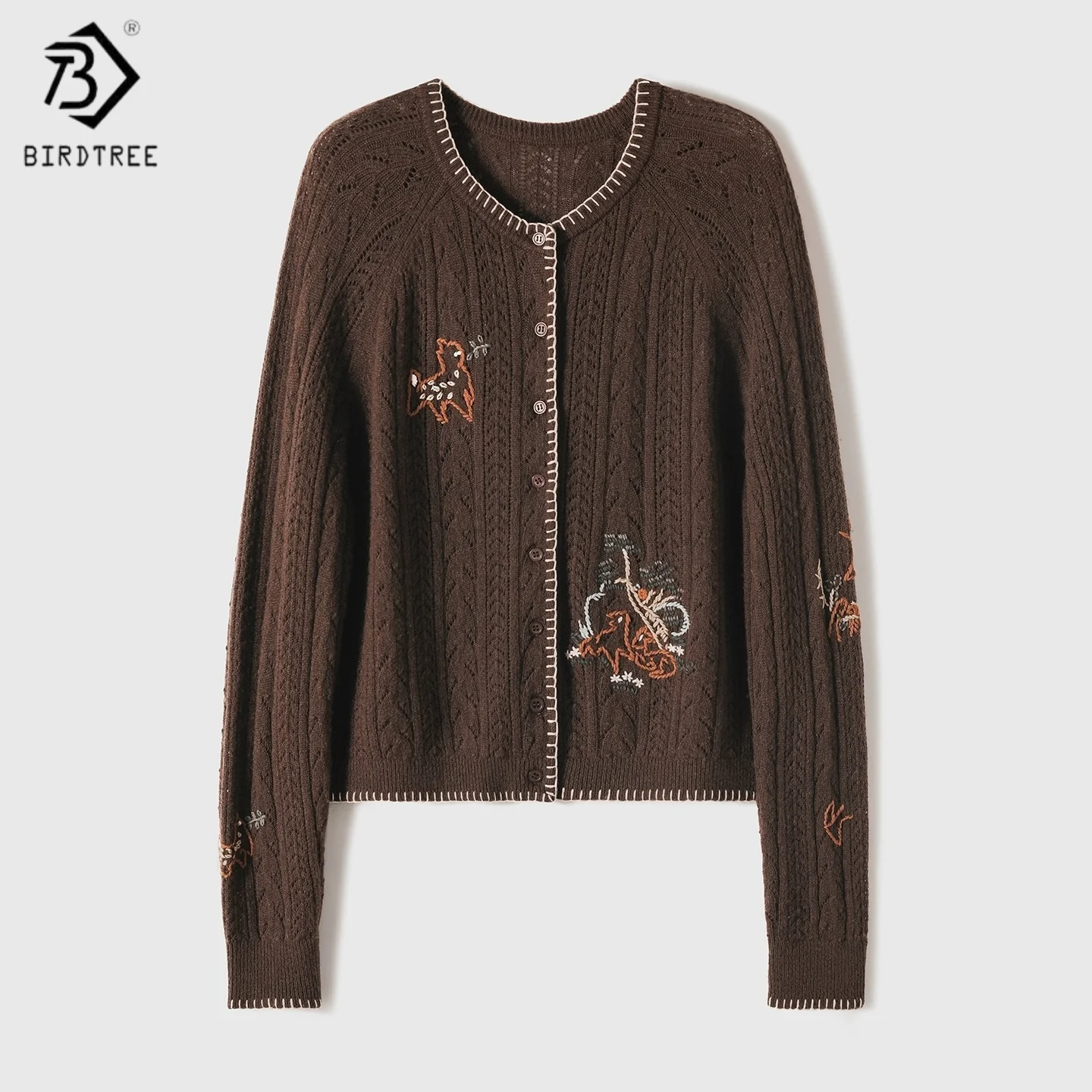 Birdtree, Cardigan tricoté 90% laine de mouton 10% cachemire, pull à manches longues et col rond brodé pour femme, manteau d'automne 2025 T5O729JF