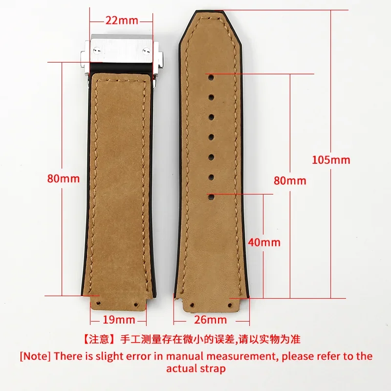 26x19mm Silicone Waterproof Rubber Underskin Watchband for Hublot Yubo Big Bang Series Frosting Cowhide Steel Buckle Watch Strap