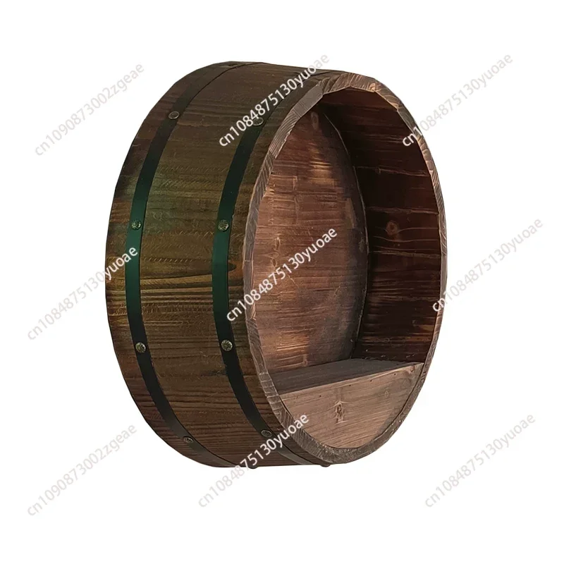 Polished Half Barrel Wooden Wine and Beer Oak Barrel Wall Mounted with Lid Cut Bottom Engraved Winery Decorative Barrel